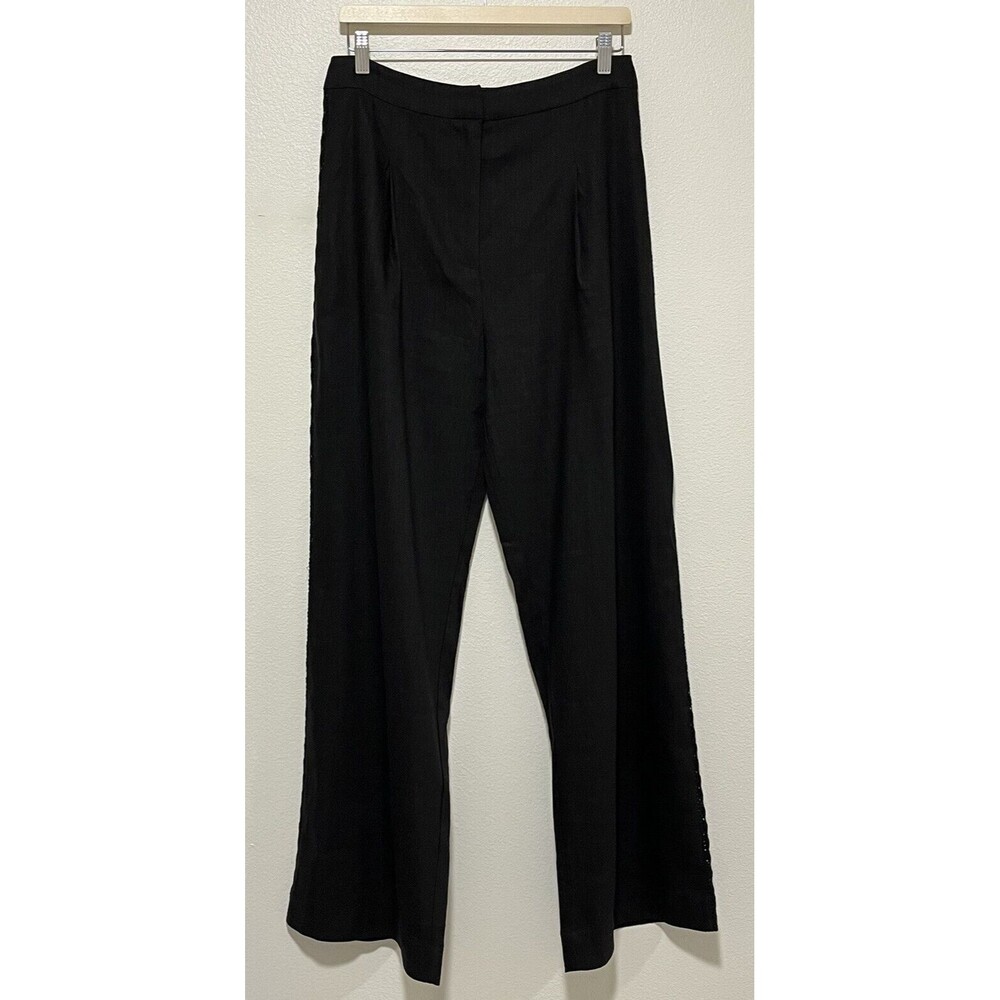 Jason Wu Lace Trim High Waisted Linen Wide Leg Pants Black Large Trouser